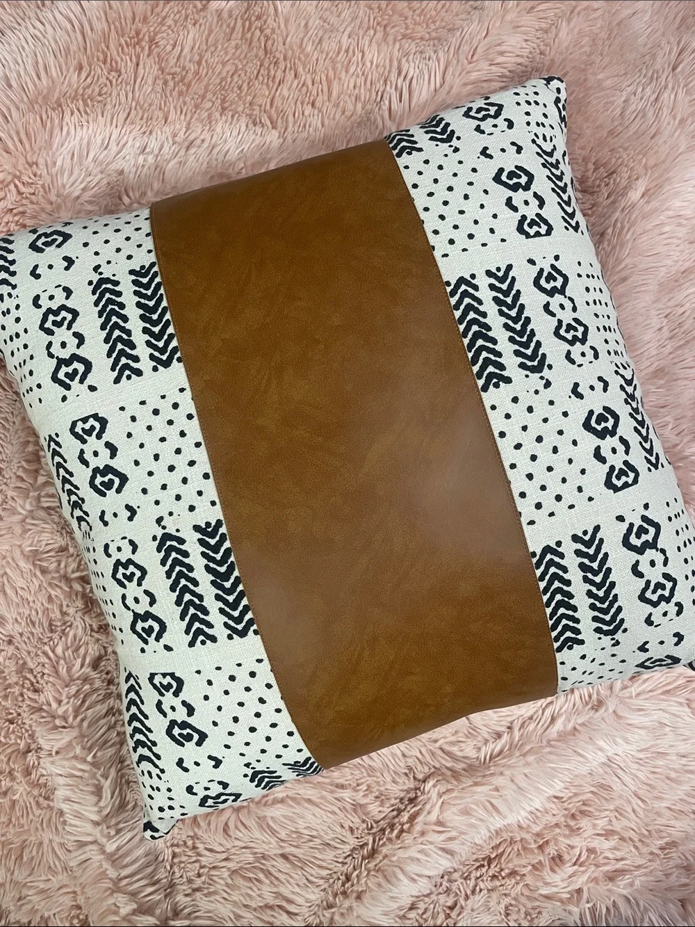 Faux Leather Accent Pillow with Black & Cream Pattern